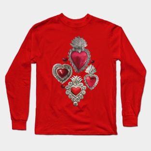 Mexican milagrito vibrant red sacred heart silver oaxaca folk art elegant seamless pattern Long Sleeve T-Shirt